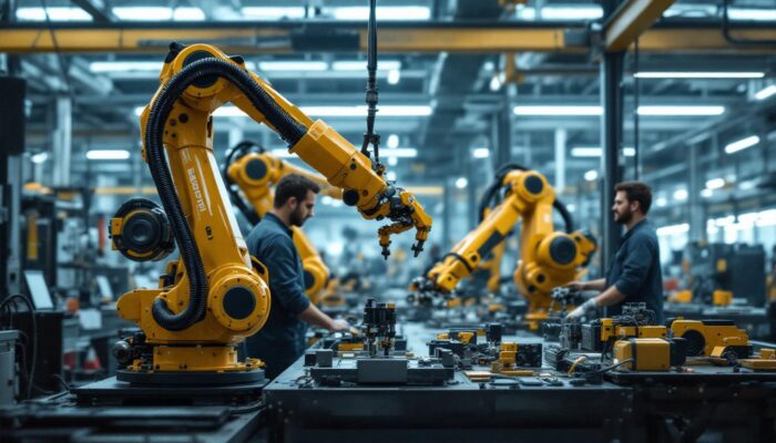 A photograph of a dynamic industrial robotics workspace in boston