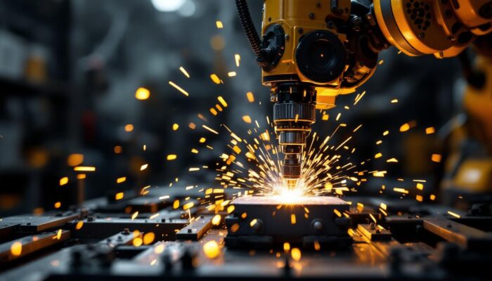 A photograph of a robotic arm engaged in spot welding on a metal workpiece