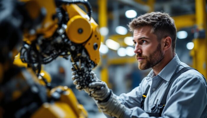 A photograph of a skilled technician conducting a visual inspection of an industrial robot in a manufacturing setting