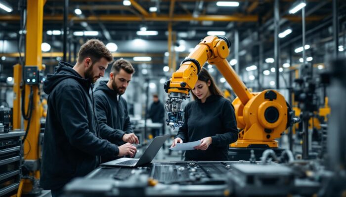 A photograph of a dynamic industrial robotics environment at munich re