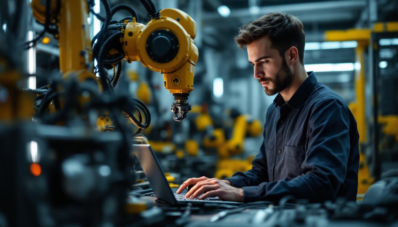 A photograph of a skilled technician programming or operating an industrial robot in a high-tech manufacturing environment