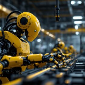 A photograph of a cutting-edge industrial robot in action within a modern manufacturing environment