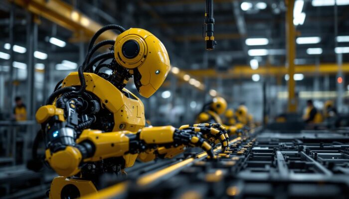 A photograph of a cutting-edge industrial robot in action within a modern manufacturing environment
