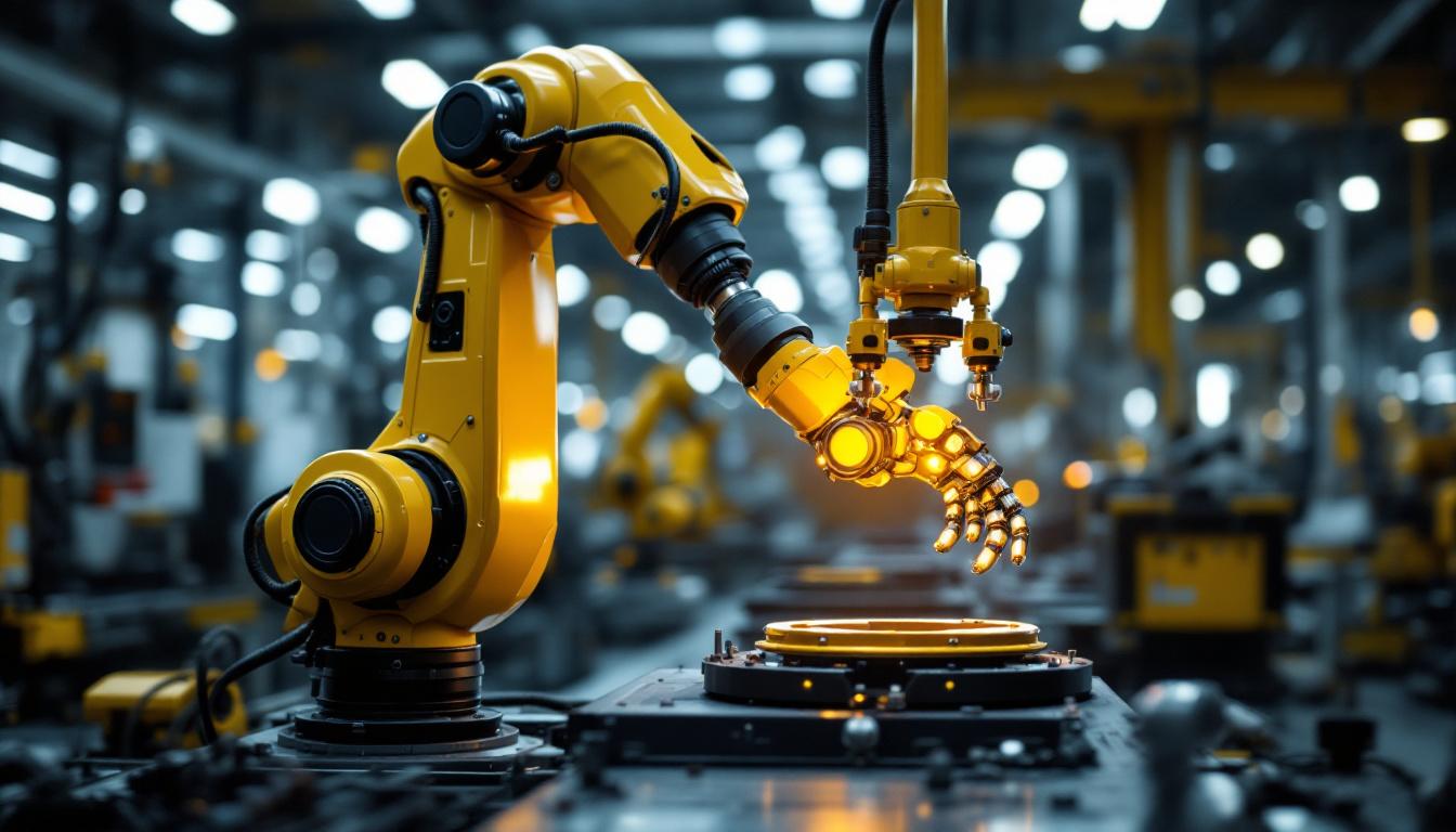 A photograph of a sleek industrial robotic arm in action at an auto manufacturing facility
