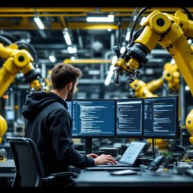 A photograph of a dynamic industrial robotics workspace