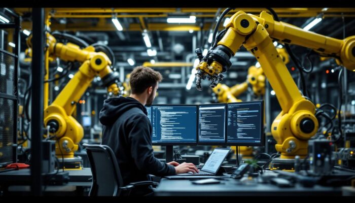 A photograph of a dynamic industrial robotics workspace