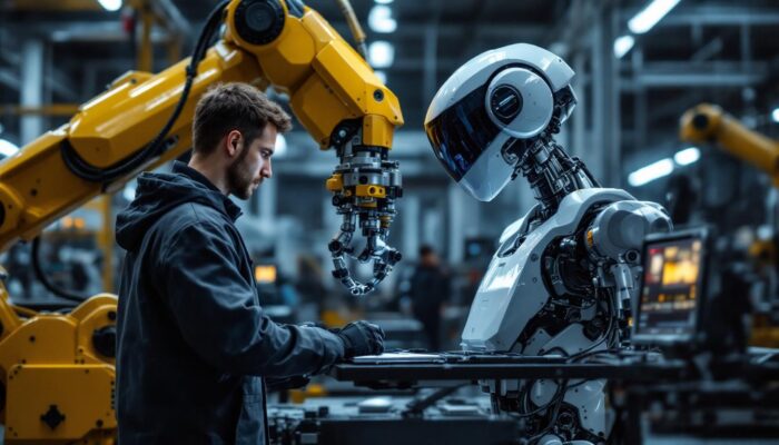 A photograph of a skilled technician programming an industrial robot in a modern workshop setting