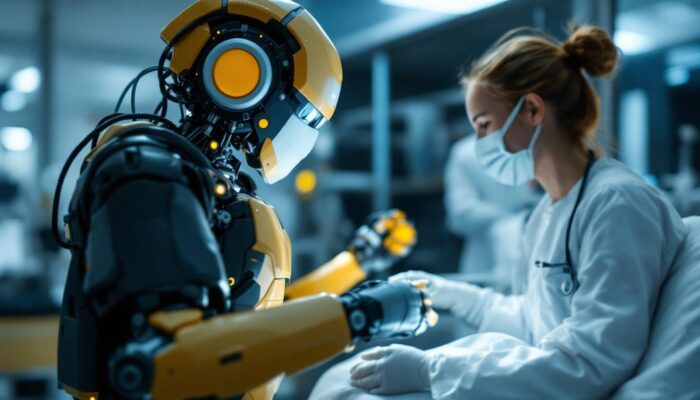 A photograph of a medical robot in action within a clinical setting