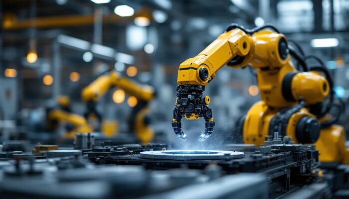 A photograph of a sleek industrial robotic arm in action