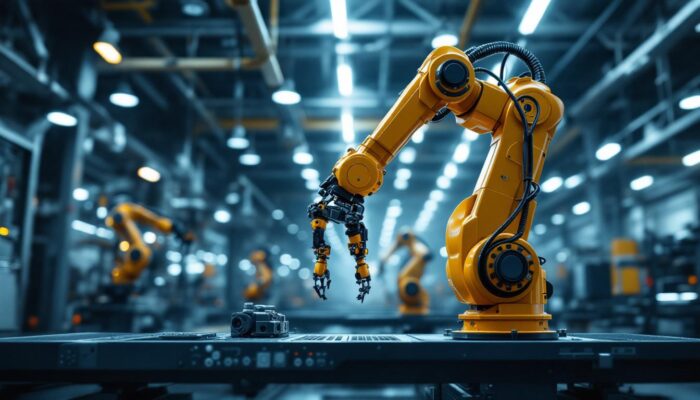 A photograph of a sleek industrial robotic arm in action within a modern manufacturing facility