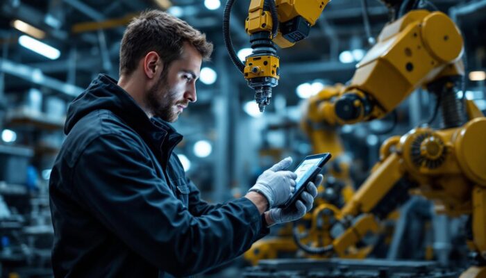 A photograph of a skilled industrial maintenance technician working on a robotic arm in a modern manufacturing facility