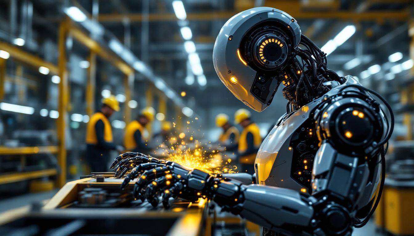 A photograph of a sleek industrial robot in action within a modern manufacturing facility