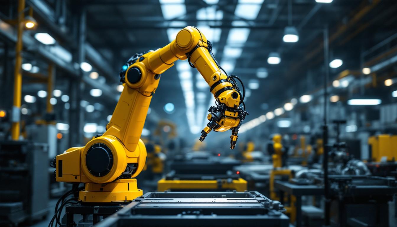 A photograph of a sleek industrial robotic arm in action within a modern manufacturing environment