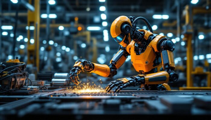 A photograph of capture a photograph of a dynamic industrial robot in action within a manufacturing environment
