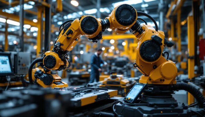 A photograph of a modern industrial robot in action within a manufacturing facility