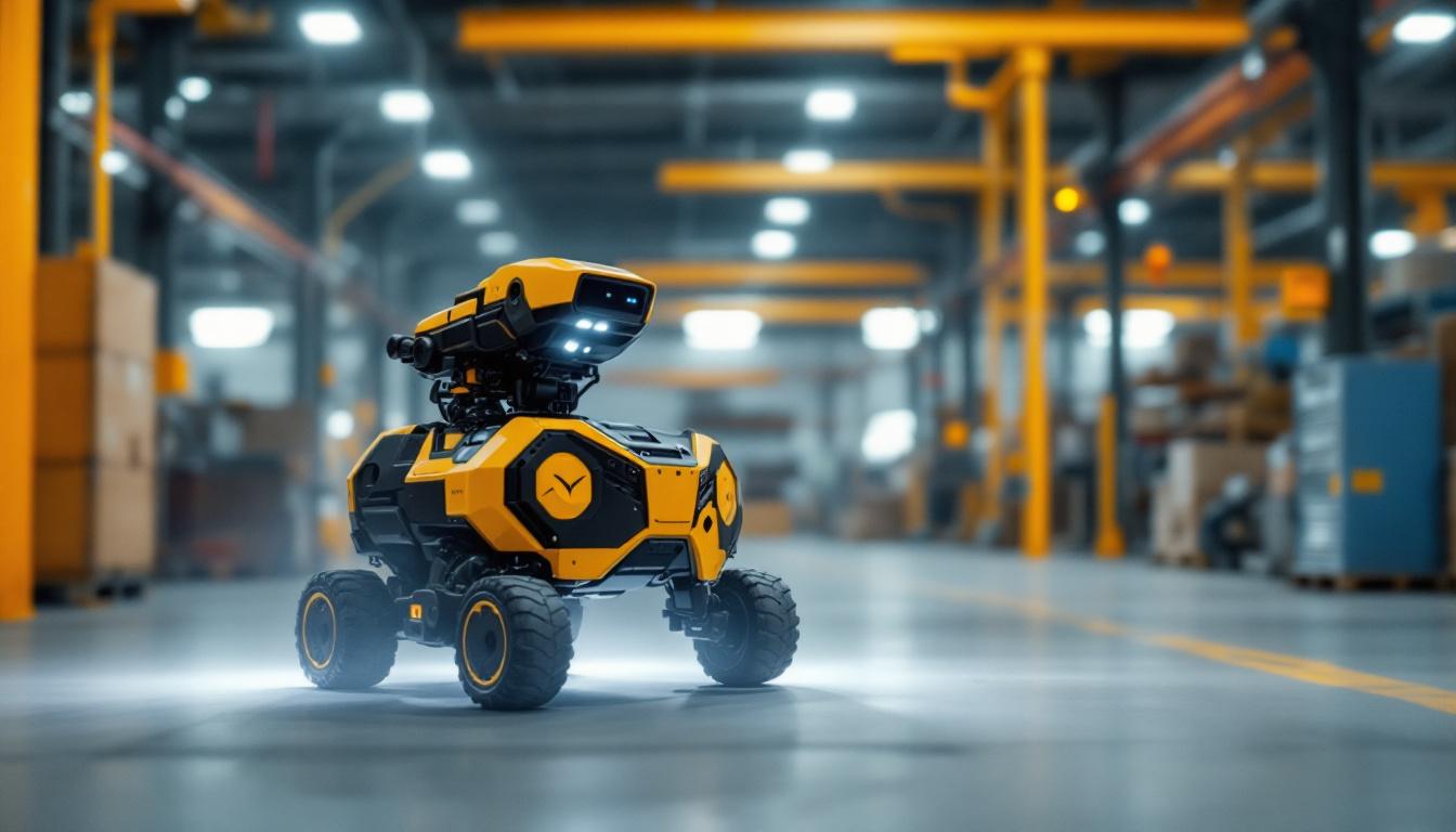 A photograph of a ugv (unmanned ground vehicle) robot in action within an industrial setting