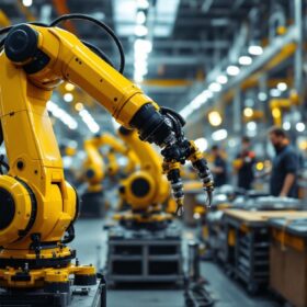 A photograph of capture a photograph of a modern industrial robotic arm in action within a bustling boston manufacturing facility