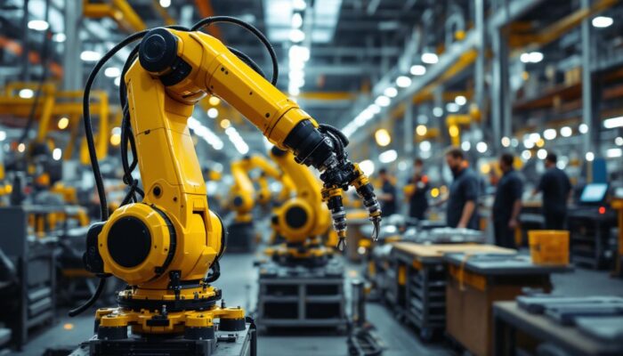 A photograph of capture a photograph of a modern industrial robotic arm in action within a bustling boston manufacturing facility