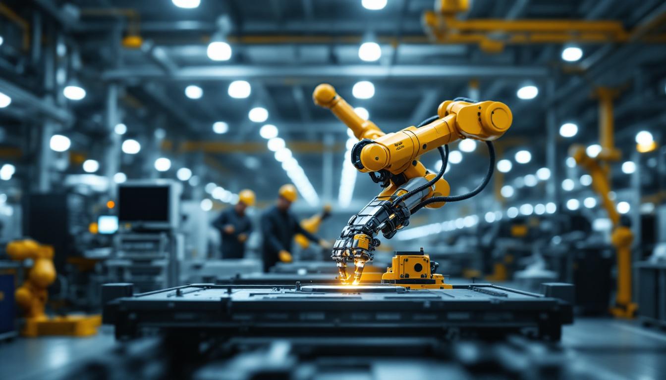 A photograph of a sleek industrial robotic arm in action within a modern manufacturing facility
