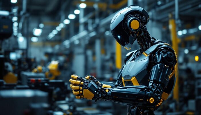 A photograph of a sleek industrial robot in action within a manufacturing environment