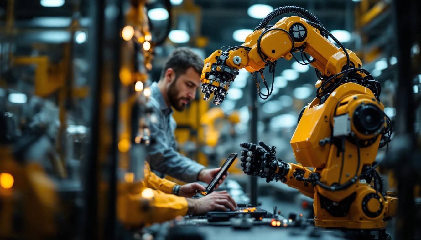 A photograph of a skilled technician programming or operating an industrial robot in a modern manufacturing environment