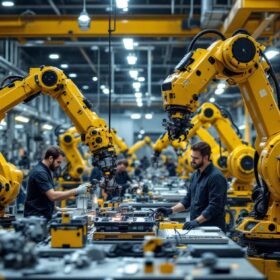 A photograph of a dynamic industrial robotics workspace at darpa