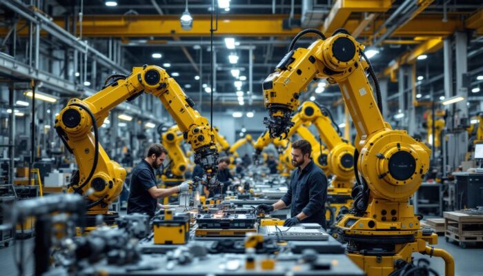 A photograph of a dynamic industrial robotics workspace at darpa