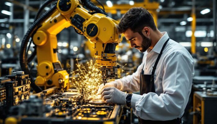 A photograph of capture a photograph of a skilled technician operating a sophisticated industrial robot within the waltham watch manufacturing facility