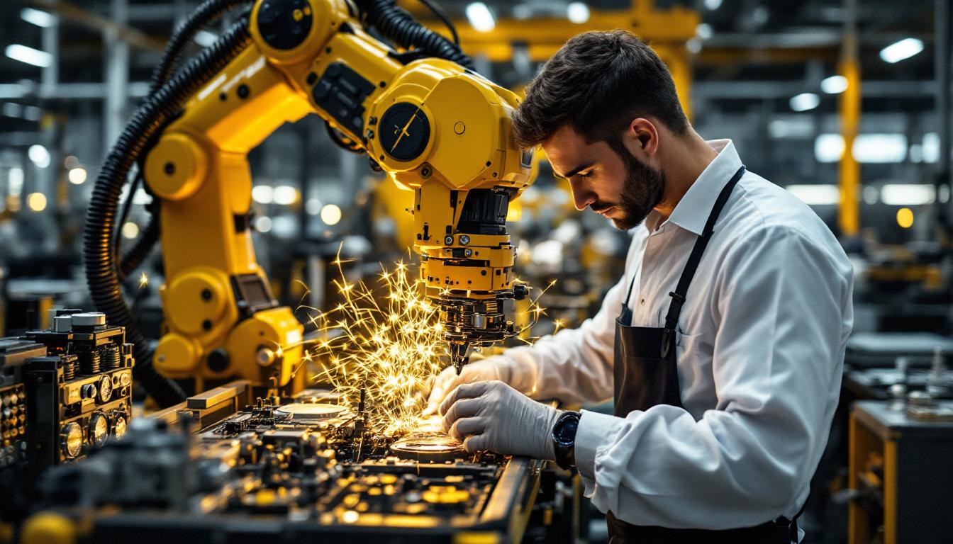 A photograph of capture a photograph of a skilled technician operating a sophisticated industrial robot within the waltham watch manufacturing facility