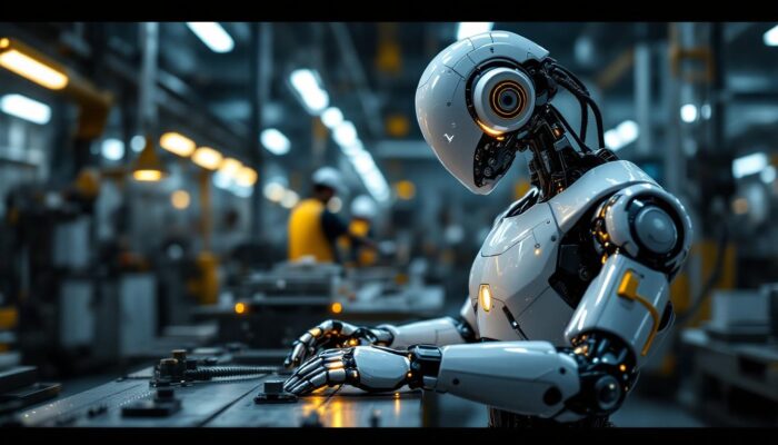 A photograph of a sleek industrial robot in action within a manufacturing environment