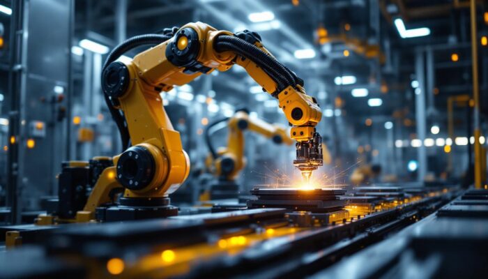 A photograph of a dynamic industrial robotics setup in action