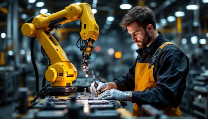 A photograph of a production engineer working alongside an industrial robot in a modern manufacturing environment