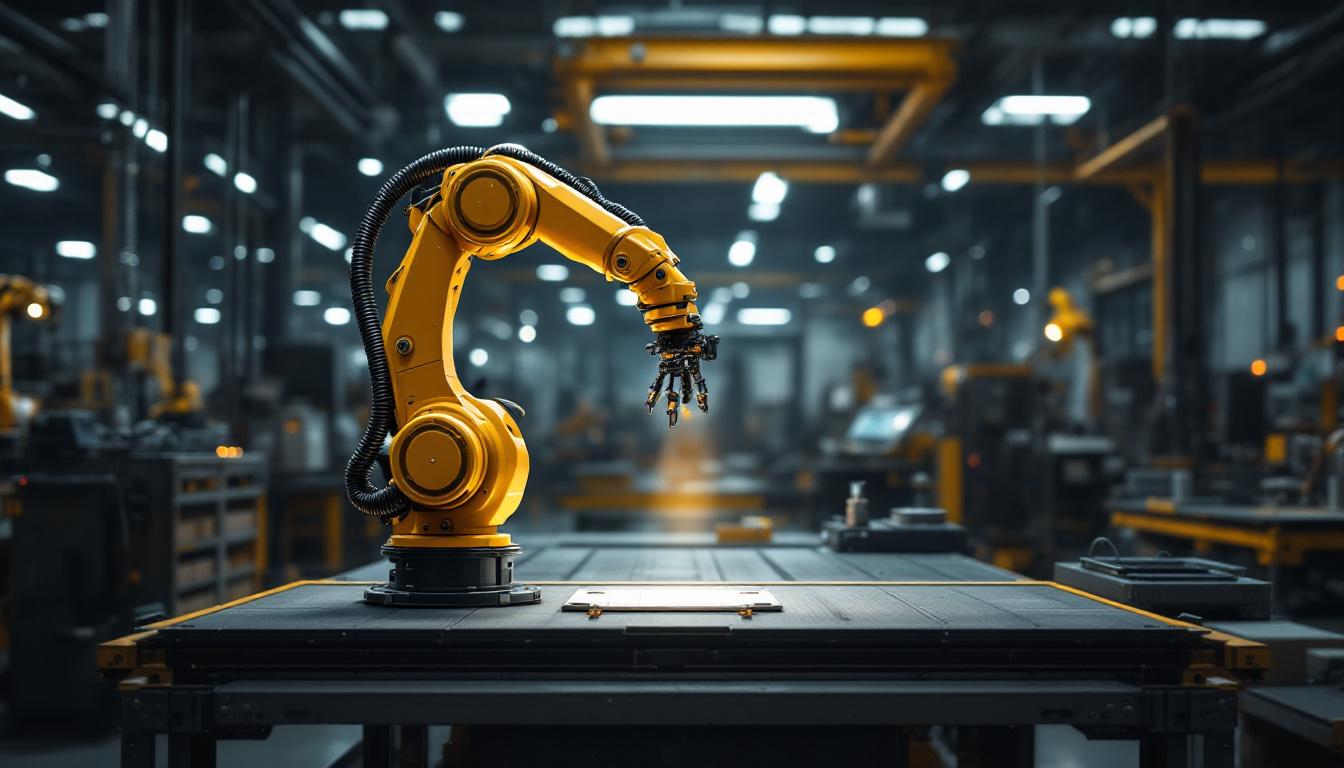 A photograph of capture a photograph of a stationary work platform featuring an industrial robot in action