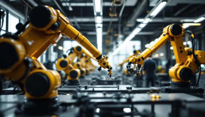 A photograph of a modern office space in boston that features industrial robotic equipment in action