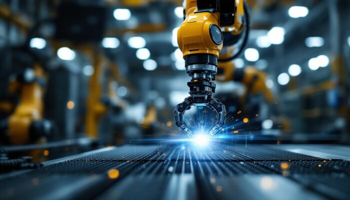 A photograph of a robotic arm performing a digital visual inspection on an industrial component