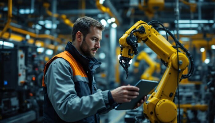 A photograph of a dynamic industrial setting featuring an electrical engineer working alongside advanced robotic machinery