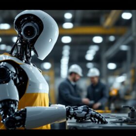 A photograph of a humanoid robot interacting with human workers in an industrial setting