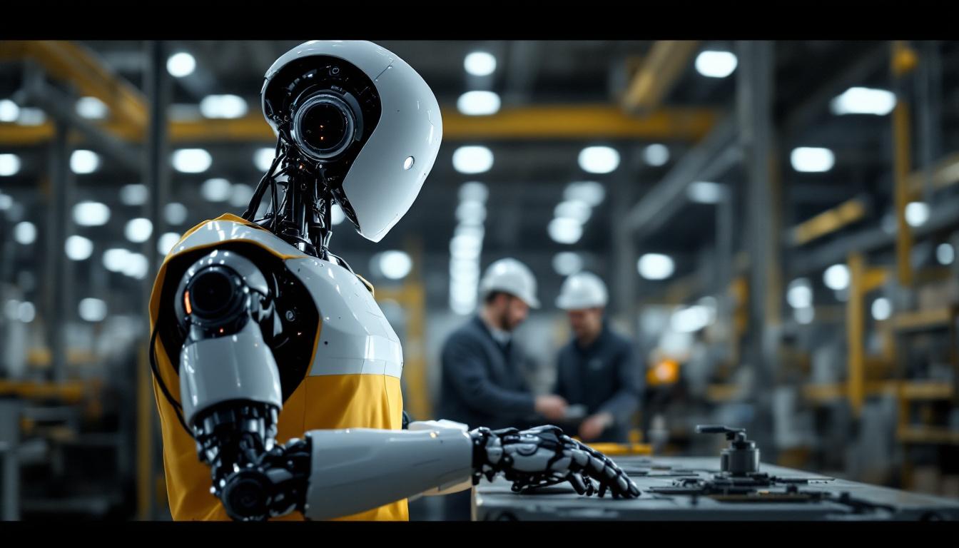 A photograph of a humanoid robot interacting with human workers in an industrial setting