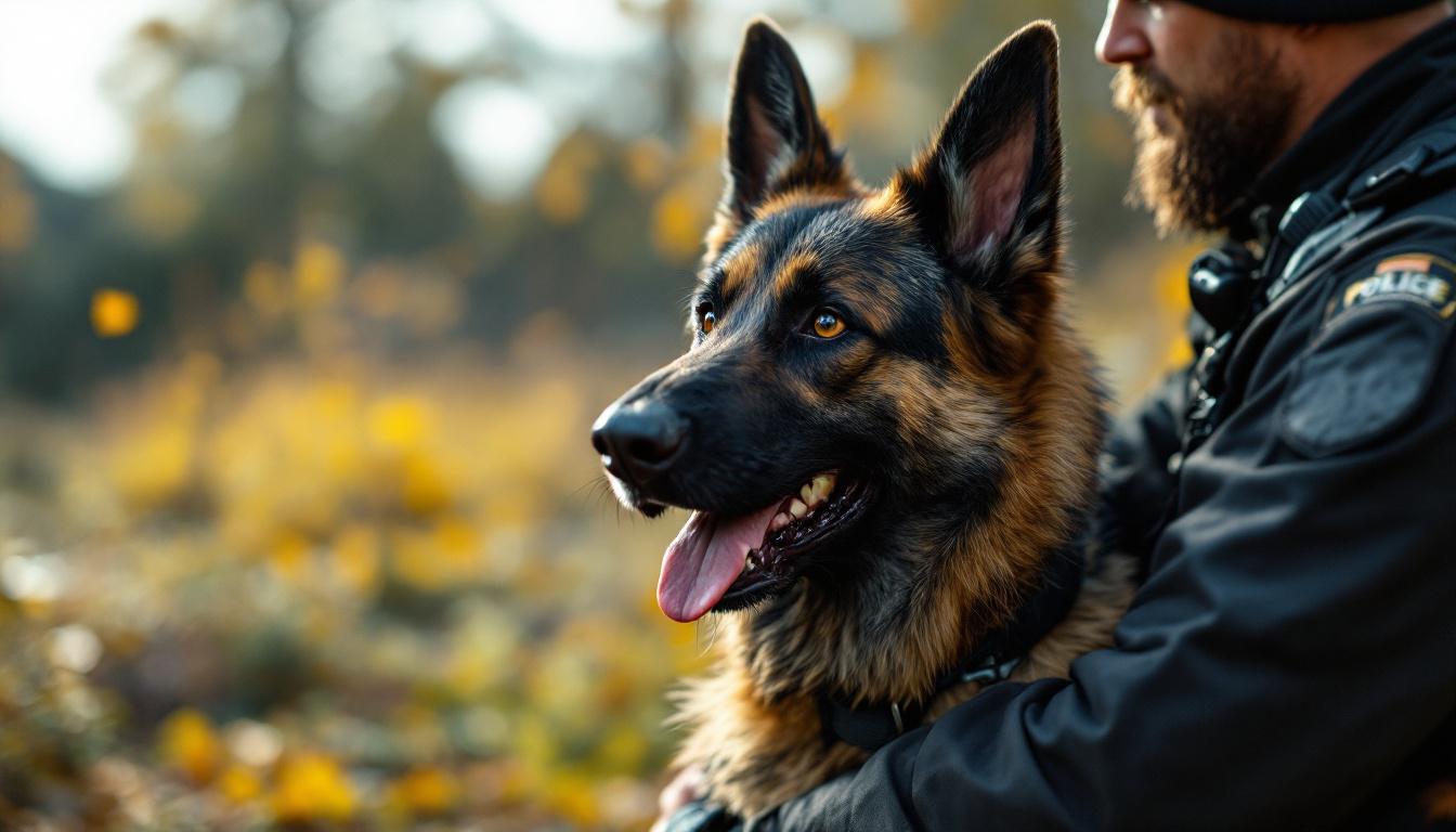 A photograph of a police dog in action alongside its handler