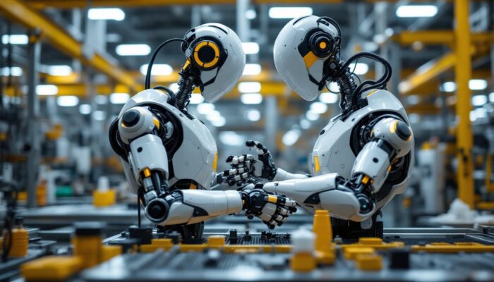 A photograph of a sleek industrial robot in action on a factory floor