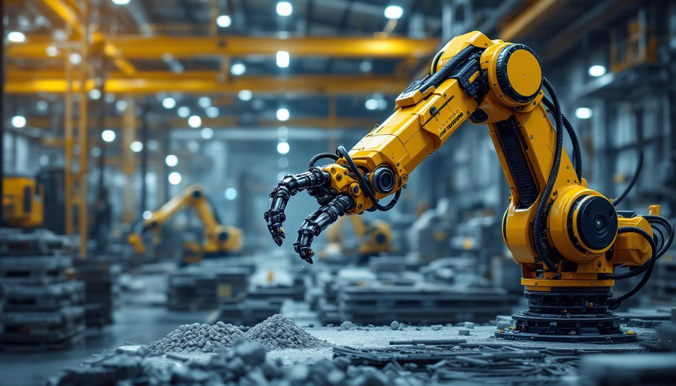 A photograph of a dynamic industrial setting showcasing a robotic arm in action