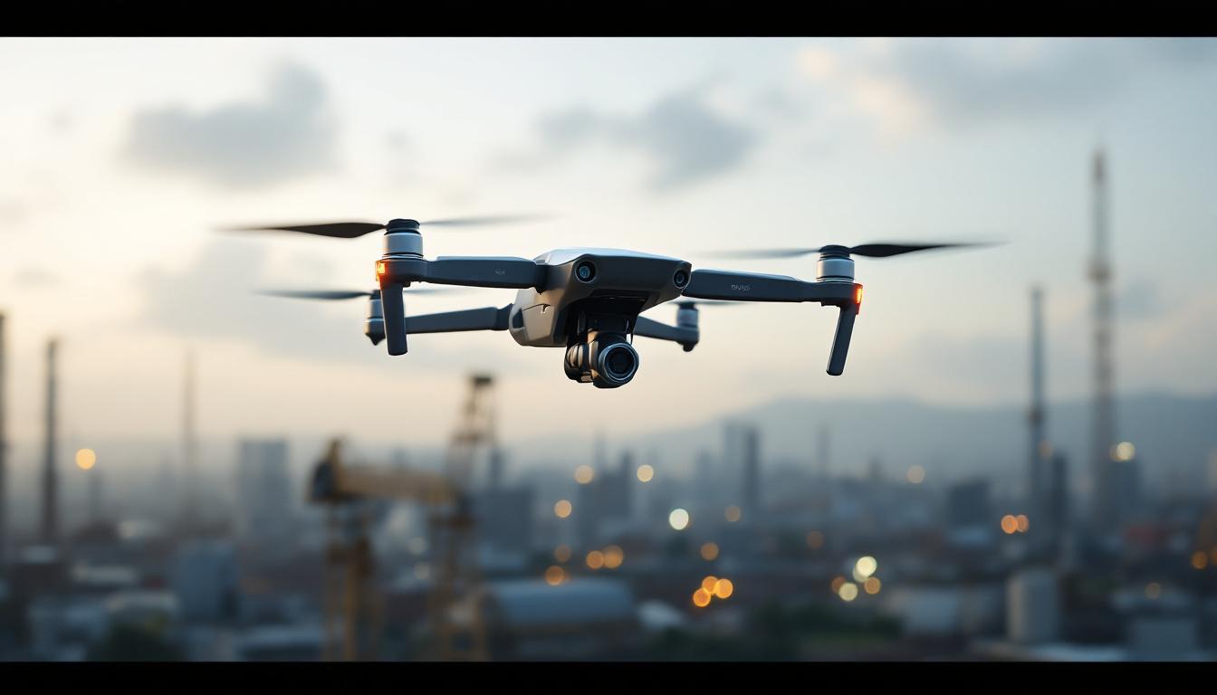 A photograph of a sleek drone in action over an industrial landscape