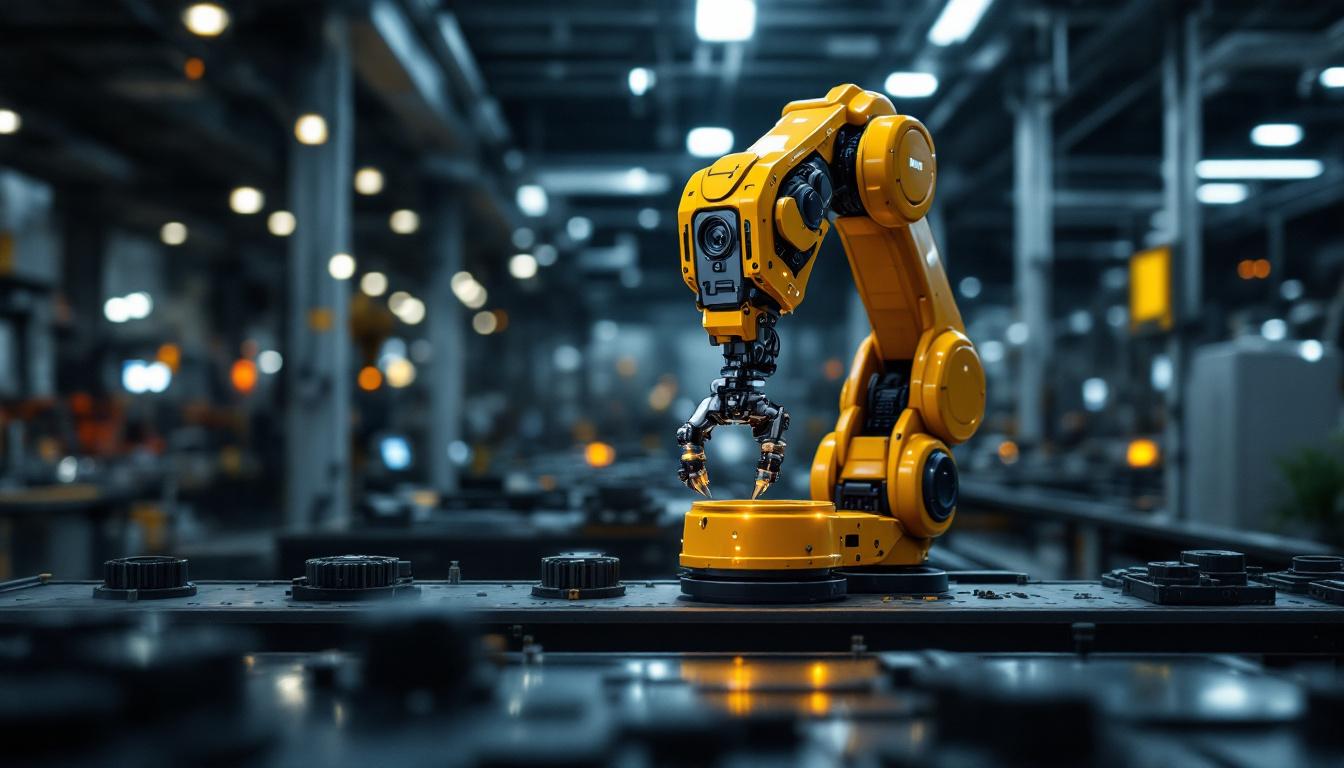 A photograph of a sleek industrial robotic arm in action within a modern factory setting