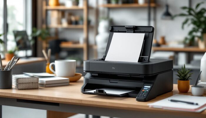 A photograph of a sleek office depot document scanner in action