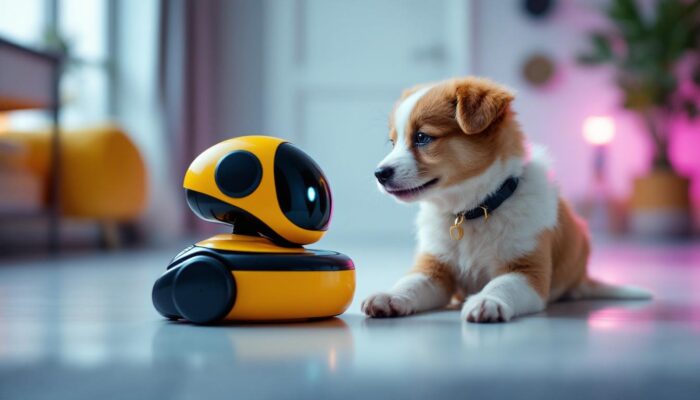 A photograph of a playful dog interacting with a robotic device
