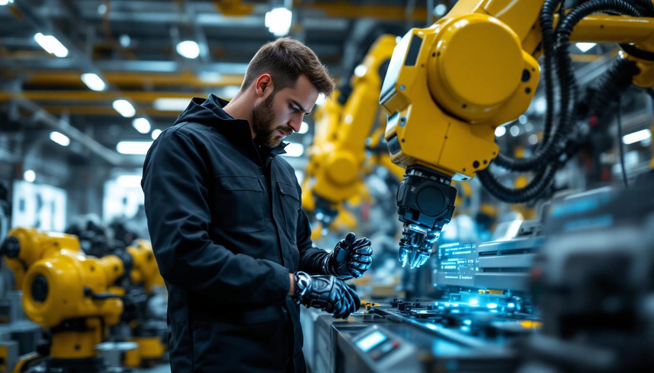 A photograph of a robotics engineer working in a modern industrial setting
