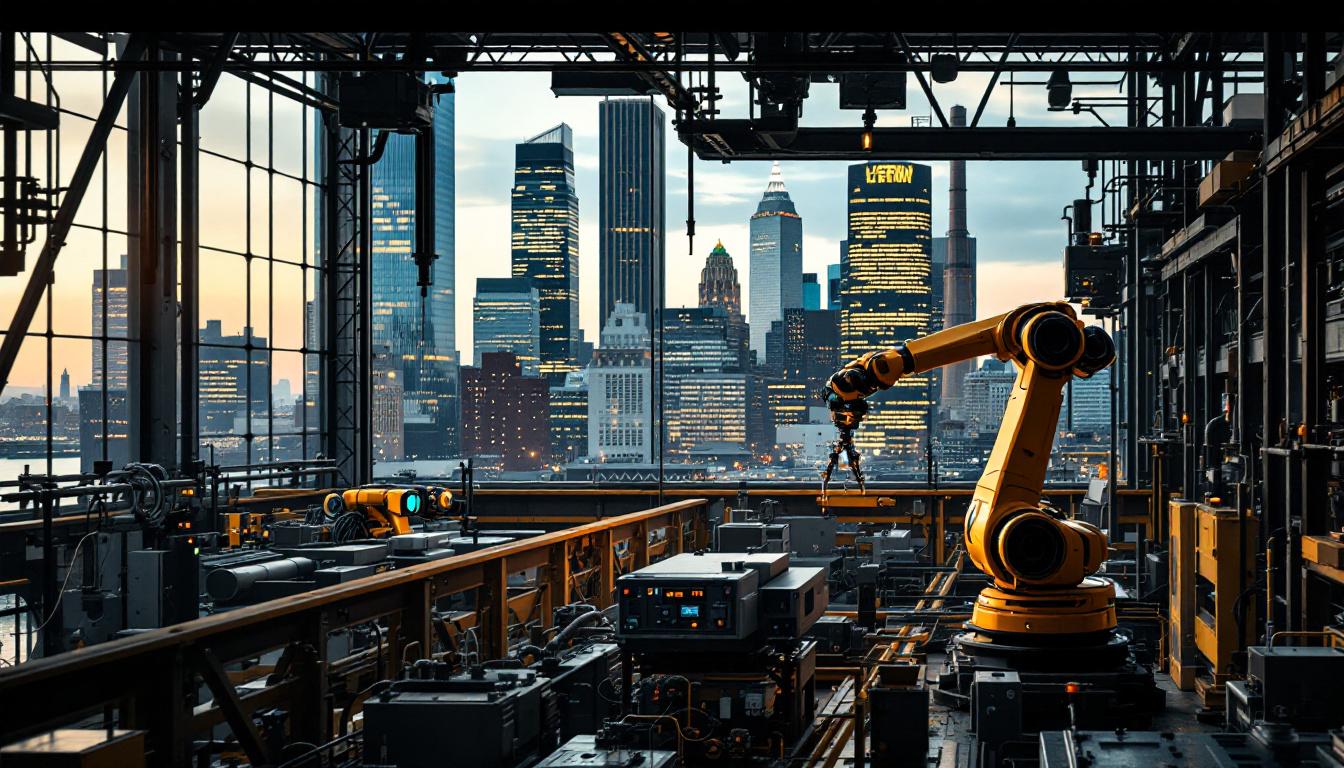 A photograph of a bustling boston skyline with a focus on the intersection of technology and industry