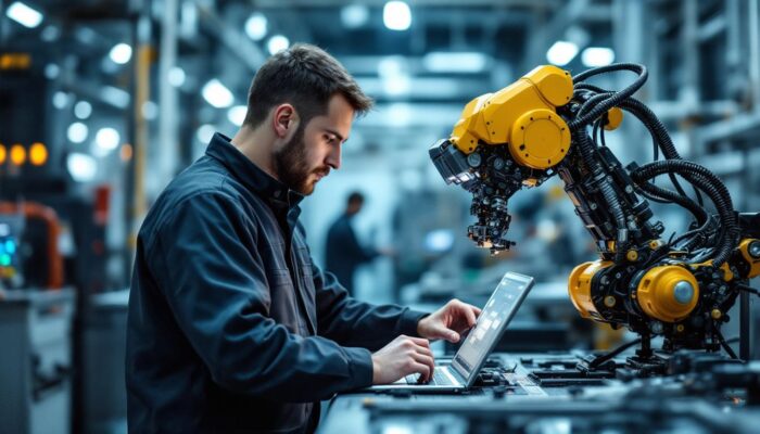A photograph of a skilled technician programming or operating an industrial robot in a modern manufacturing environment