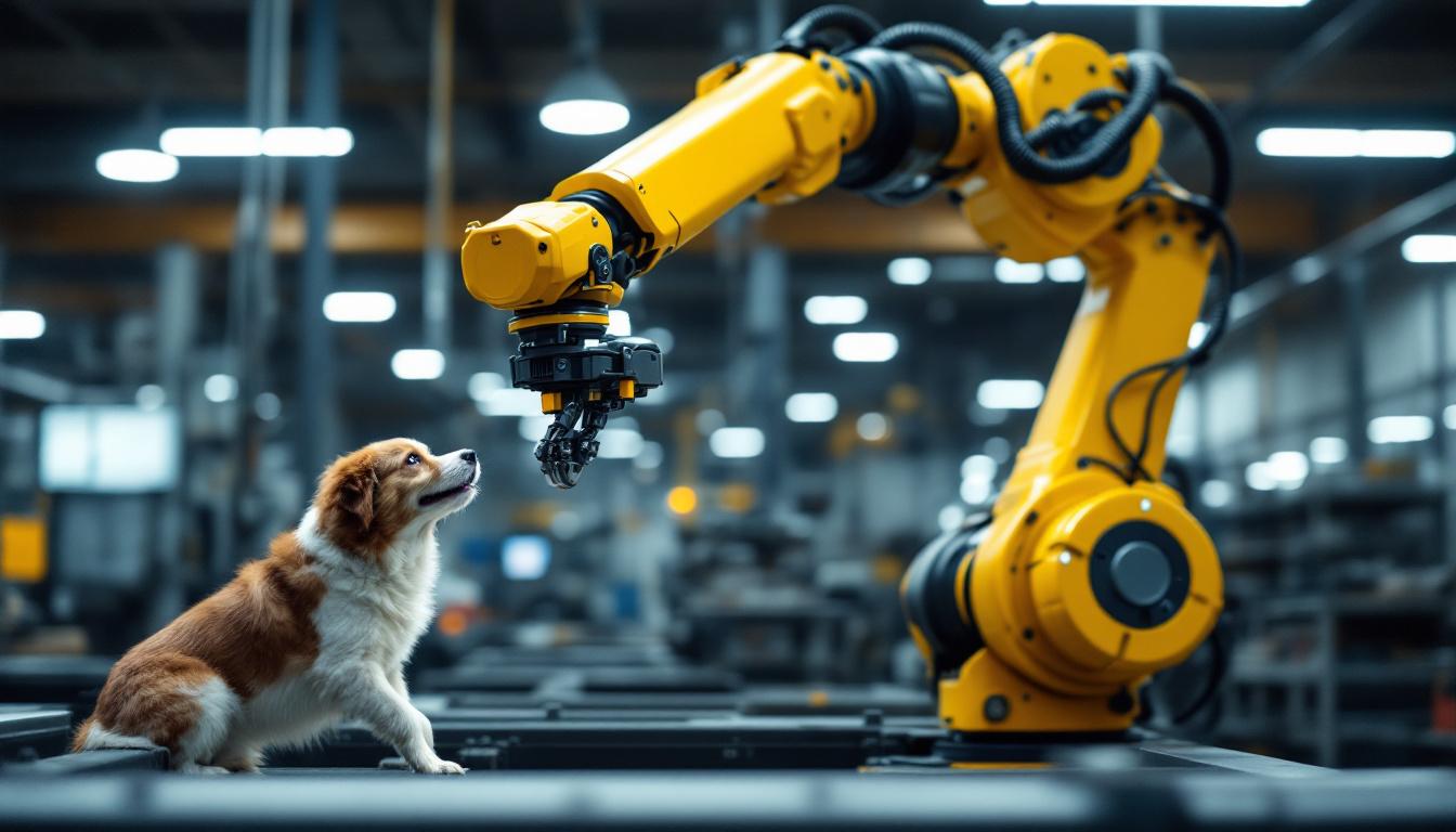 A photograph of a dynamic industrial robotic arm in action