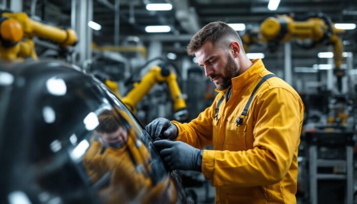 A photograph of a skilled technician performing a state inspection on a vehicle in a modern auto service shop